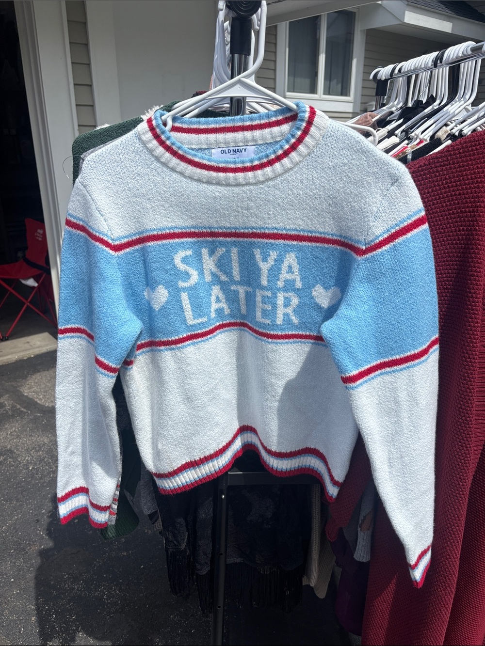 Old Navy Light Blue, White & Red 'Ski Ya Later' Crewneck Sweater